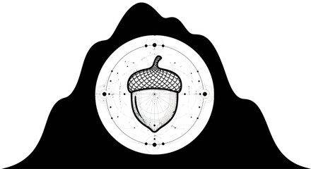 Hand-drawn acorn emblem with celestial dots and mountain silhouette © siti