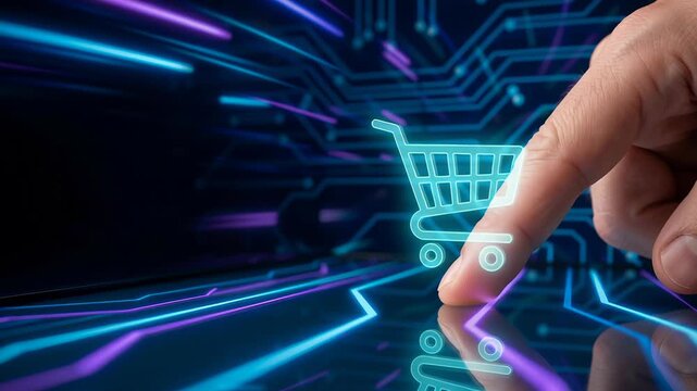 Online ecommerce order confirmed by finger pressing digital shopping cart icon during checkout for retail purchase transaction on futuristic online shopping cart purchase transaction interface