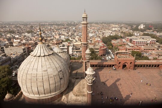 View from the minaret of the Friday Mosque Jama Masjid across the roofs of the city, Delhi, India