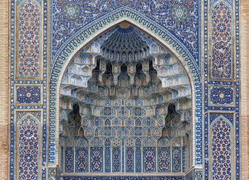 Decorative muqarnas of the iwan entrance of Gur-e-Amir, Guri Amir, Mausoleum, Samarkand, Uzbekistan