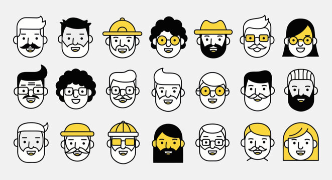 Diverse illustrated faces set