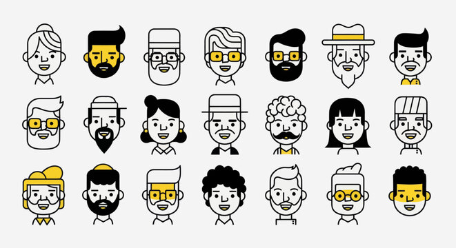 Diverse illustrated faces set