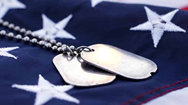 Military dog tags resting on an American flag with white stars