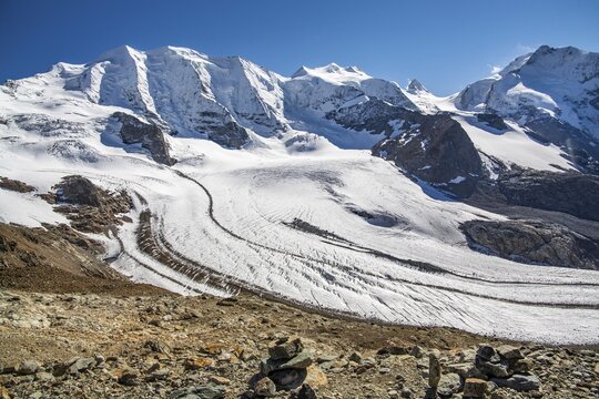 Viewpoint on the Diavolezza with Piz Pal&uuml;, Bellavista and Persglacier, Vadret Pers, Pontresina, Bernina Alps, Upper Engadine, Engadine, Grisons, Switzerland