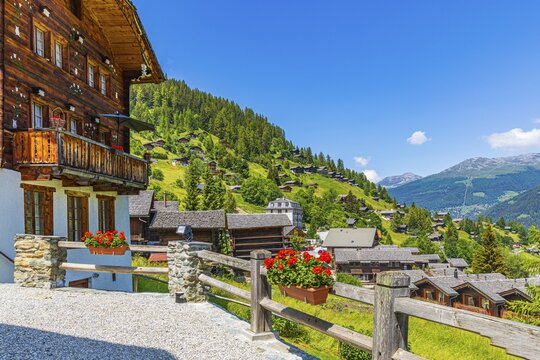 Old wooden house with terrace, view of Grimentz, Val d'Anniviers, Valais Alps, Canton Valais, Switzerland