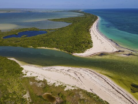 Aerial of the Unesco world heritage site biosphere reserve Sian Ka'an Biosphere Reserve, Quintana Roo, Mexico