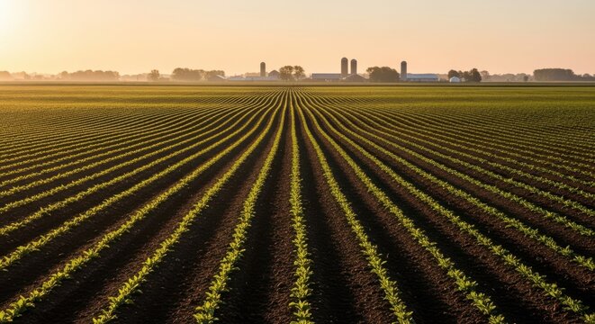 Vast Arable Farmland Rows Under Soft Morning Sunlight