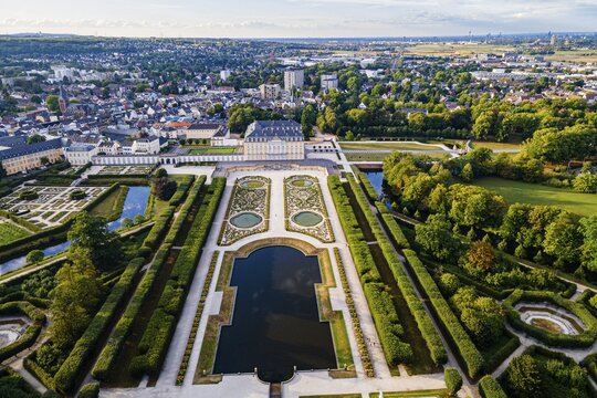 Aerial of the Unesco world heritage site, Augustusburg palace in Bruehl, North-Rhine Westphalia, Germany
