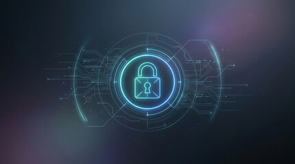 Obraz premium Minimal futuristic interface single lock icon centered subtle glowing digital security concept with circuit lines on dark background
