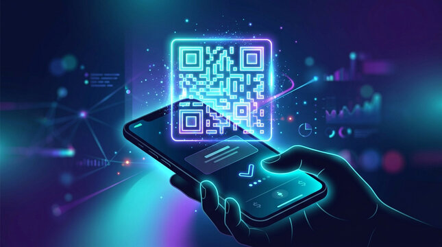 QR code digital payment smartphone glowing technology futuristic hand holding phone scanning code online transaction neon light mobile app data transfer wireless network hologram virtual interface