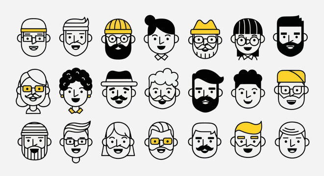 Diverse illustrated faces set