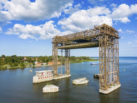 Aerial view, drone photo of the Karnin lift bridge, ruins of the Karnin railway bridge, Usedom Island, Mecklenburg-Western Pomerania, Germany