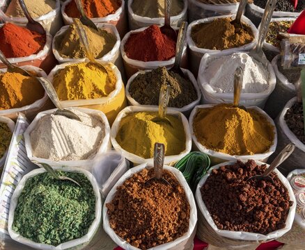 Spices, herbs and curry powders on display at Anjuna Beach Flea Market, Goa, India