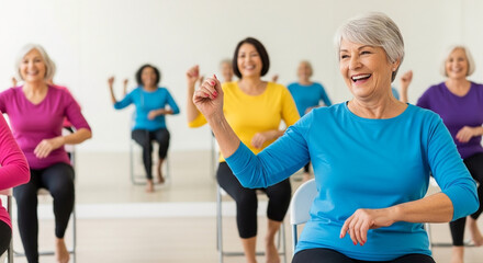 Fototapeta premium Happy senior women participating in a chair aerobics fitness class, promoting active aging, health, wellness, and social interaction for elderly.