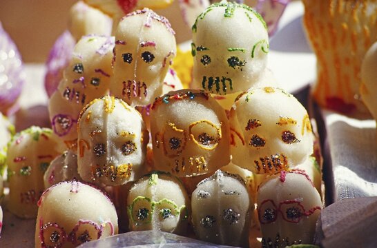 Marzipan skull good luck charms at the Day of the Dead Festival during All Saints' Day or All Hallows in Patzcuaro, Michoacan, Mexico, North America