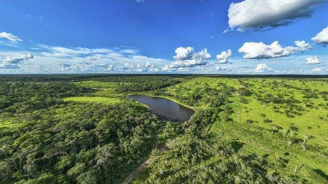 Aerial of a lake near the Santa Ana mission, Unesco site Jesuit Missions of Chiquitos, Bolivia