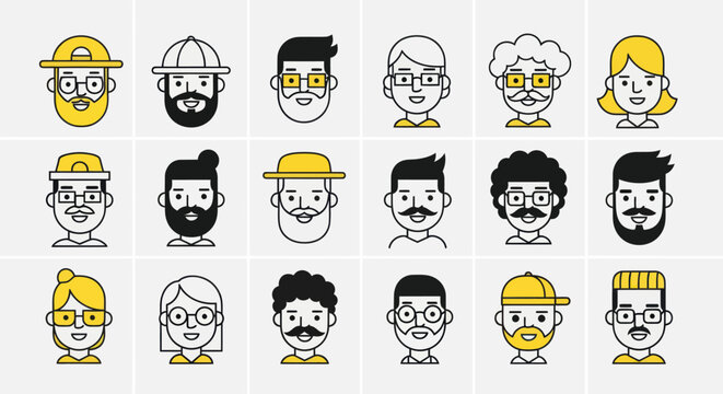Diverse illustrated faces set for design