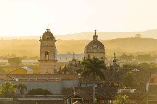 View of historic centre from the tower of the Cathedral Nuestra senora de la Asuncion, sunset, Granada, Nicaragua