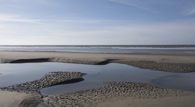 Sandy beach beach at low tide with tide pools, Juist Island, Lower Saxony Wadden Sea, North Sea, East Frisia, Lower Saxony, Germany