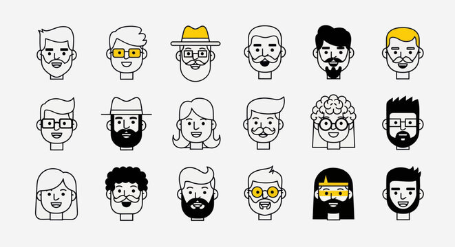Diverse illustrated faces set for design