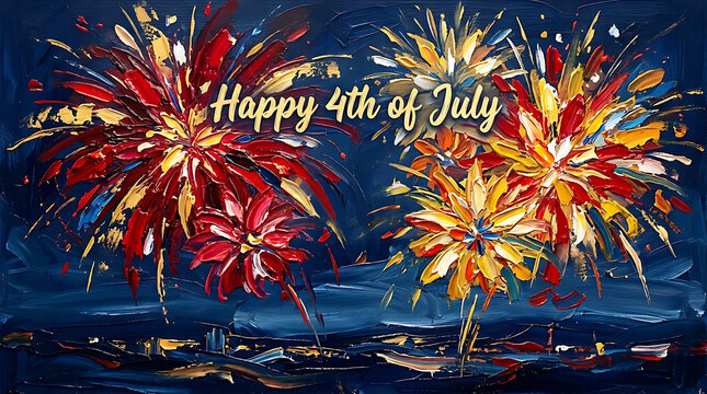 July 4th Fireworks Over Horizon Oil Paint Background Art