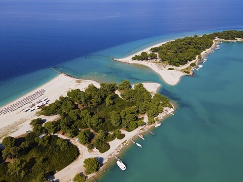 Aerial view, lagoon, beach and harbour, Glarokavos, Pallini, Kassandra Peninsula, Chalkidiki, Greece