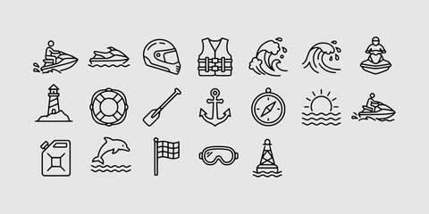 Icon set collection of jet ski racing and water activities with helmets, life jackets, waves, lighthouses, and dolphins. © Raka Firdaus 