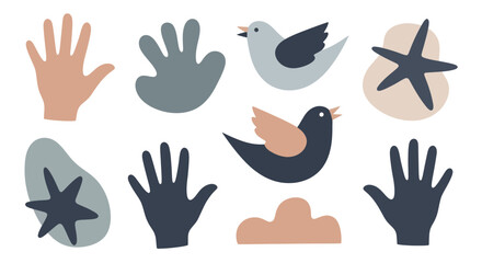 Fototapeta premium Abstract Hand and Bird Shapes with Starfish Elements.