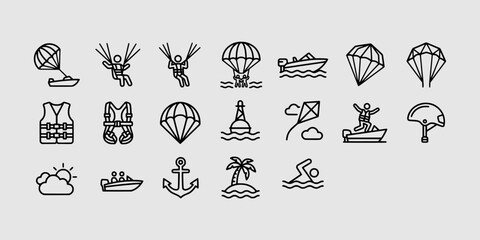 Icon set collection of parasailing and extreme aerial water sports with parachutes, speedboats, safety harnesses, and helmets. © Raka Firdaus 
