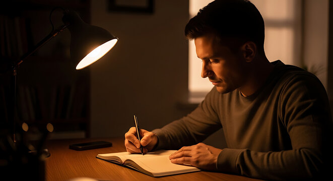 Man writing in notebook with desk lamp illumination concept of study and creativity