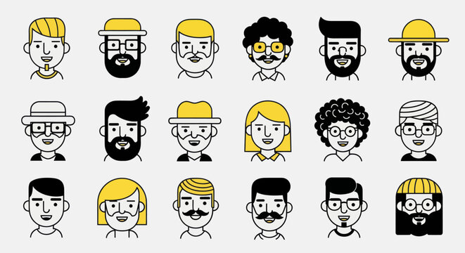 Diverse illustrated faces set for design