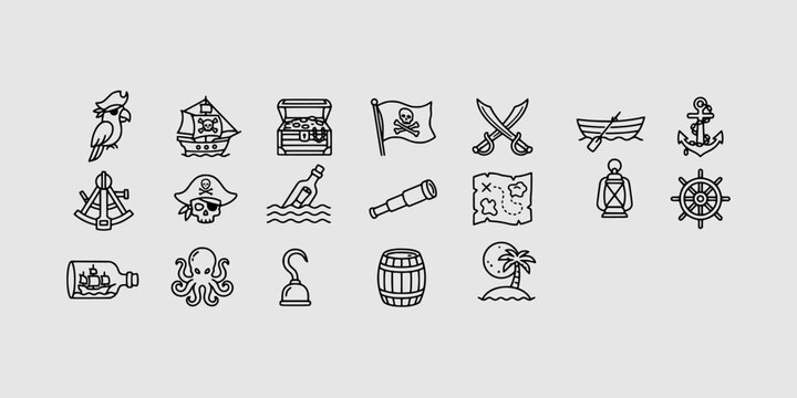 Icon set collection of vintage pirate adventures showcasing parrots, sailing ships, treasure chests, skulls, swords, and secret maps.