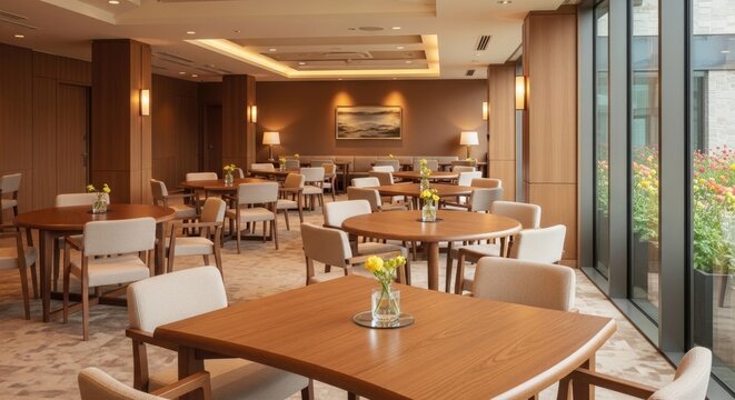 empty restaurant dining area with wooden tables and white chairs