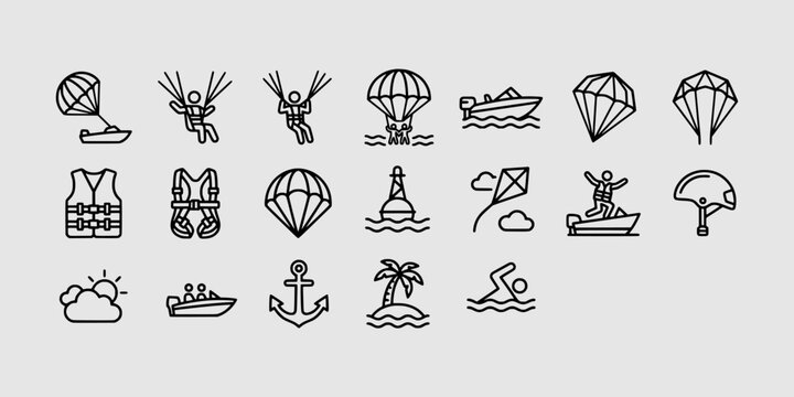 Icon set collection of parasailing and extreme aerial water sports with parachutes, speedboats, safety harnesses, and helmets.