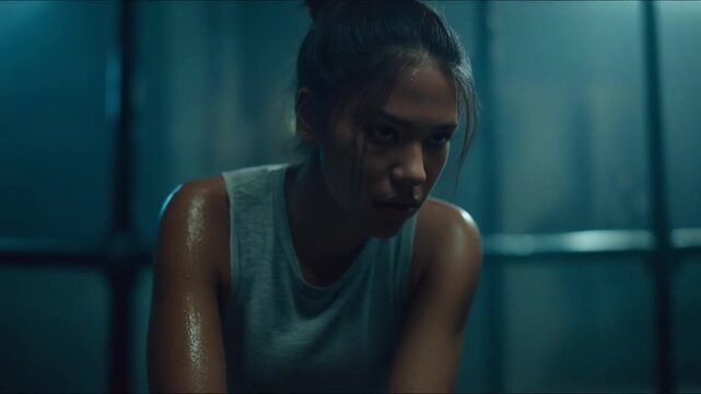 Woman resting after workout indoors dramatic lighting athlete fitness concept