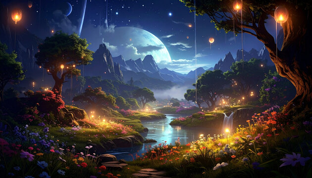 Magical river valley under moonlight