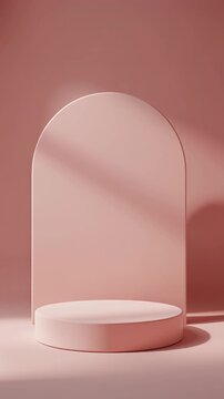 Cylinder pedestal with a minimalist arch background illuminated by soft studio light in monochrome pink.