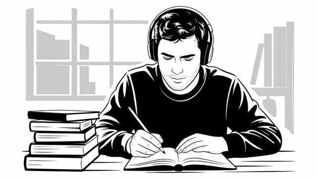 Young Adult Student Engages in Monochrome Study Session with Books and Headphones for Focused and Mindful Reading Experience
