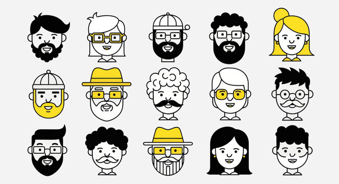 Diverse illustrated faces on white background