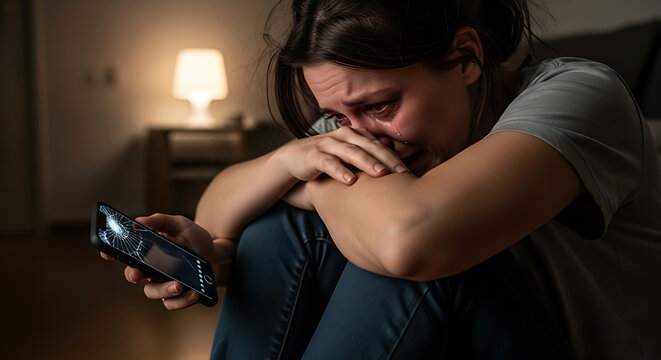 Woman crying while holding smartphone in dimly lit room expressing sadness and despair during difficult times
