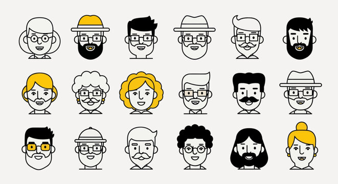 Diverse illustrated faces on white background