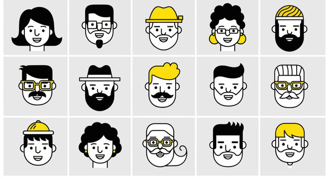 Diverse illustrated faces set on light background