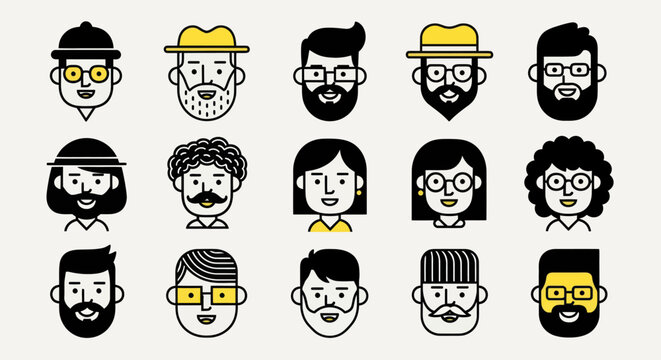 Diverse illustrated faces on white