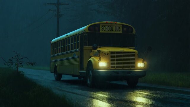 Yellow school bus driving on a dark road at dusk conceptual