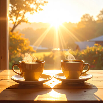 Two steaming cups at dawn