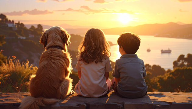 Children and dog watching sunset