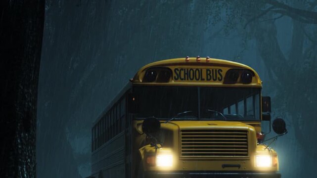 Yellow school bus driving through dark tunnel entrance exterior