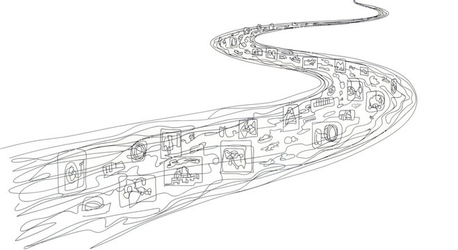 Abstract conceptual art: flowing lines forming a road with camera icons, symbolizing information flow.