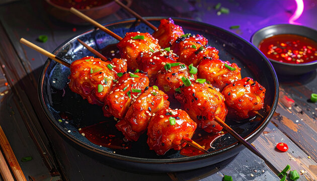 Glazed spicy grilled chicken skewers