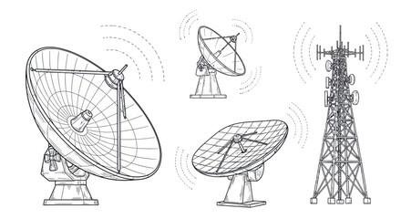 Obraz premium Telecommunications Tower and Satellite Dishes Line Art Illustration